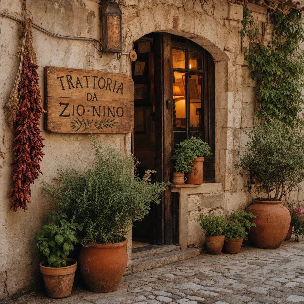 Trattoria tipica abruzzese con tavoli in pietra e aromi di cucina