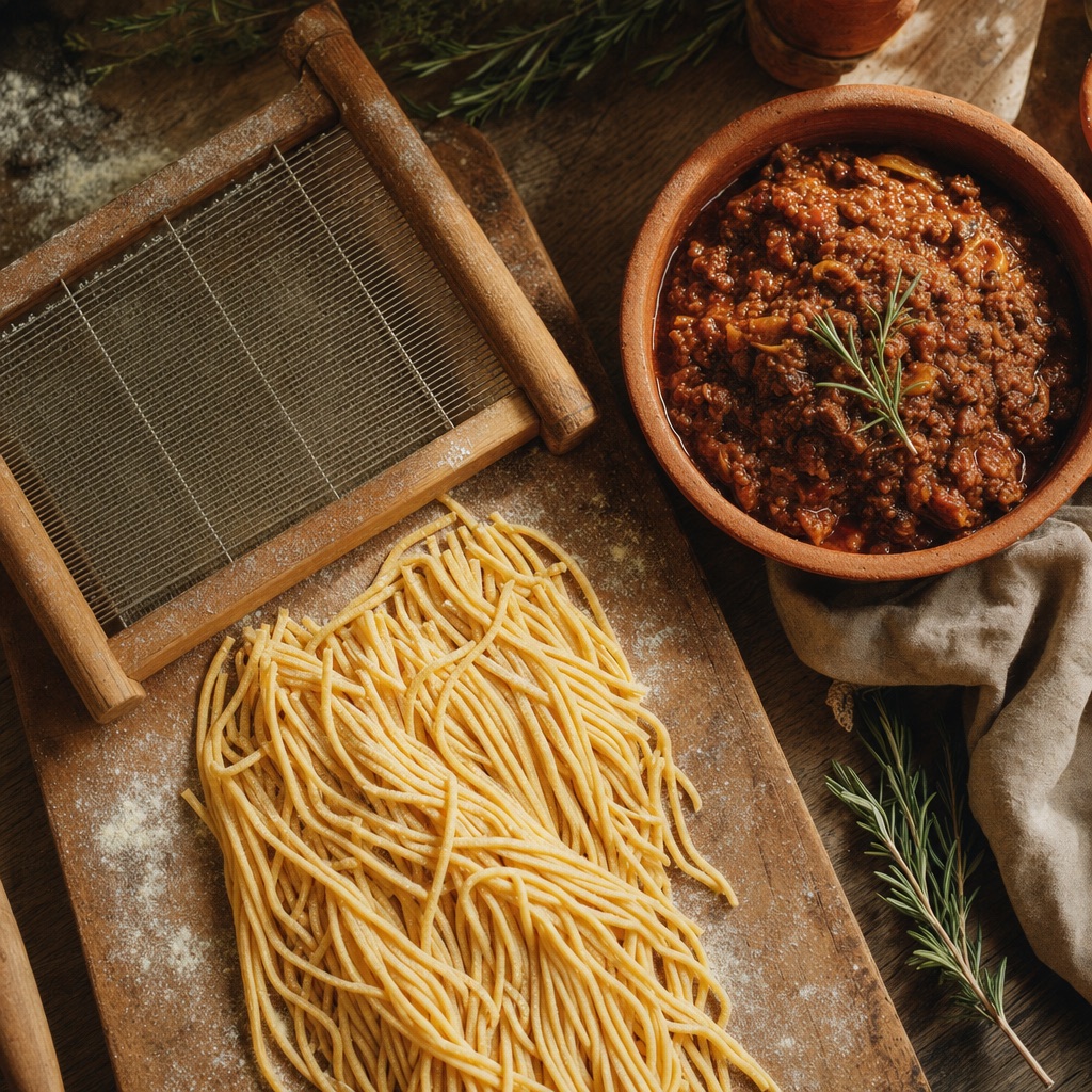 Chitarra pasta abruzzese con ragu di agnello in una cucina tradizionale