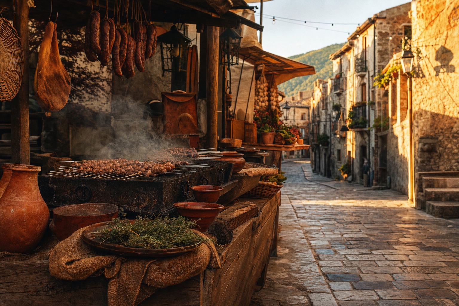 Bancarella di street food abruzzese in un borgo medievale con folla intorno