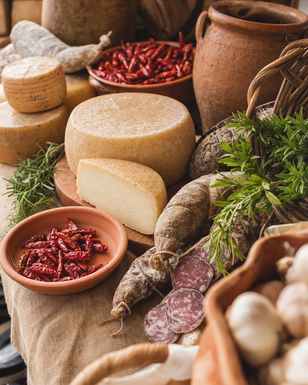 Mercato abruzzese con prodotti tipici: formaggi pecorino, salumi e verdure fresche