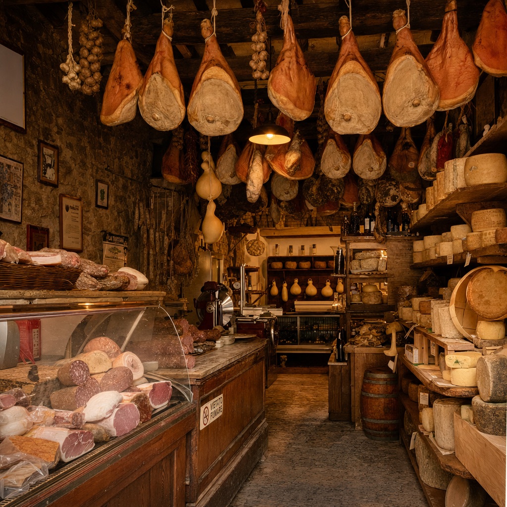 Salumeria storica di Chieti con prosciutti appesi e formaggi tipici
