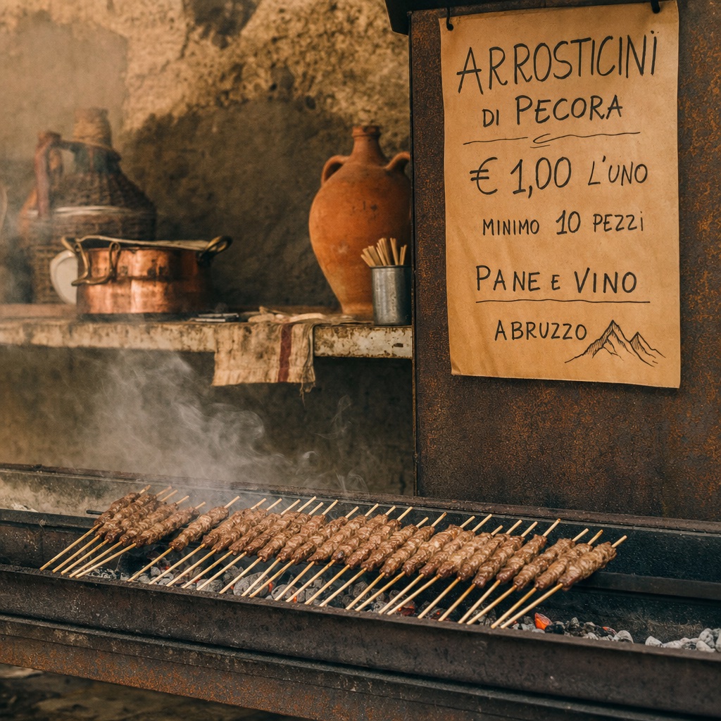 Rosticceria con arrosticini sulla griglia nel centro di Lanciano