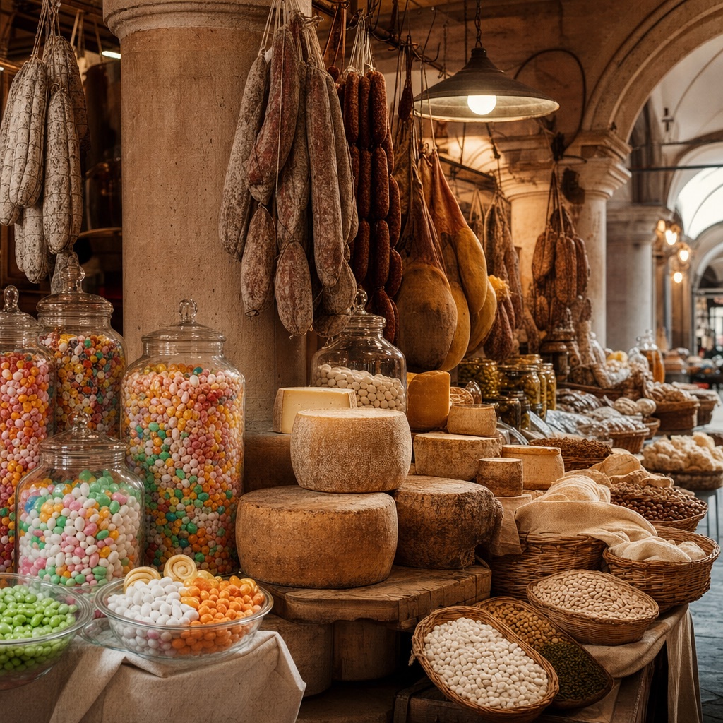 Mercato coperto di Sulmona con bancarelle di prodotti locali