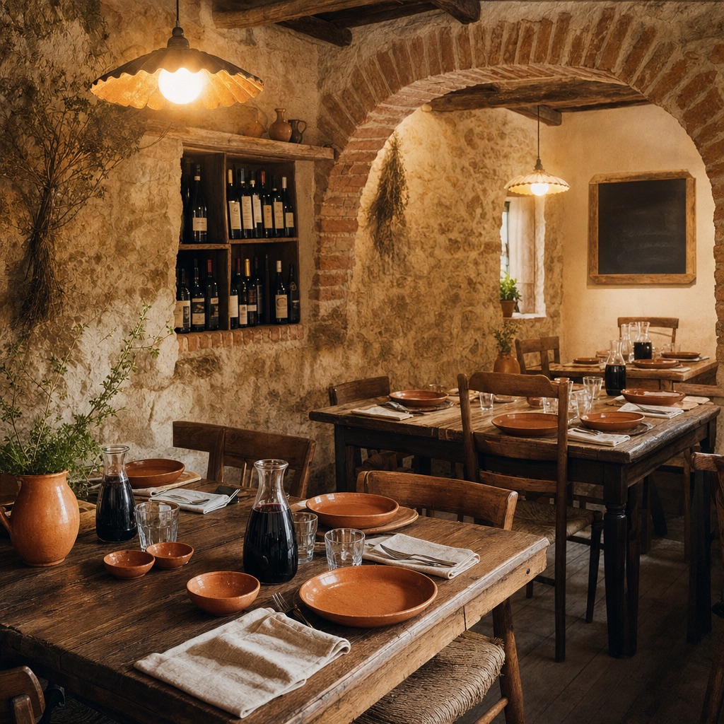 Trattoria storica di Teramo con tavoli in pietra e cucina a vista