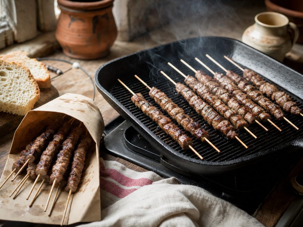 Arrosticini che cuociono in una bistecchiera di ghisa sul fornello di casa