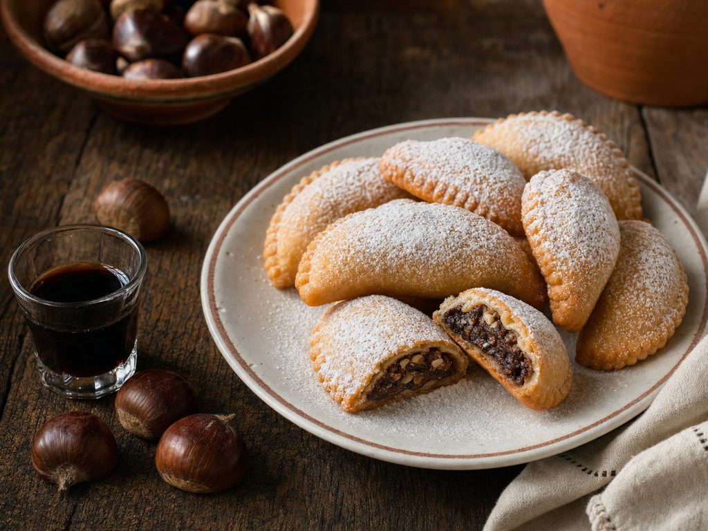 Calcionetti abruzzesi fritti con zucchero a velo e ripieno di castagne e cioccolato