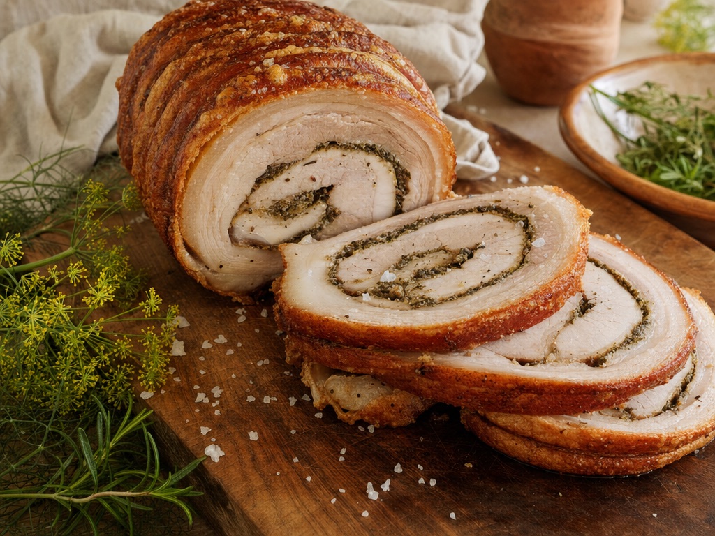 Porchetta abruzzese affettata con finocchio selvatico e rosmarino