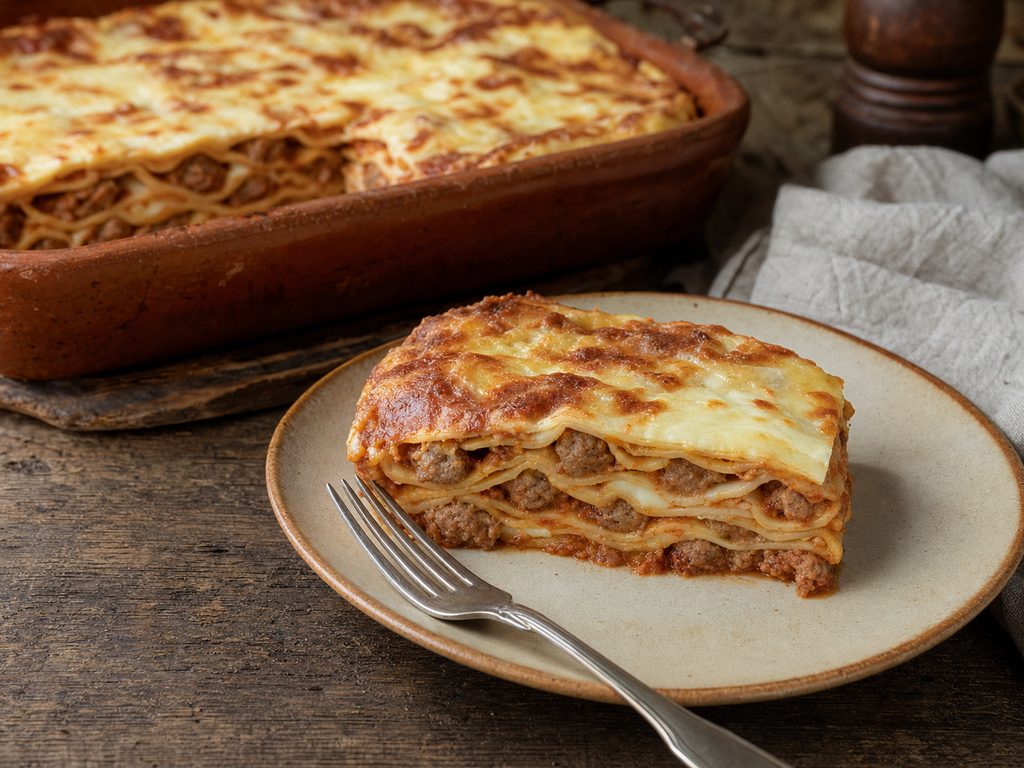 Fetta di timballo teramano con strati di scrippelle, polpettine e ragù