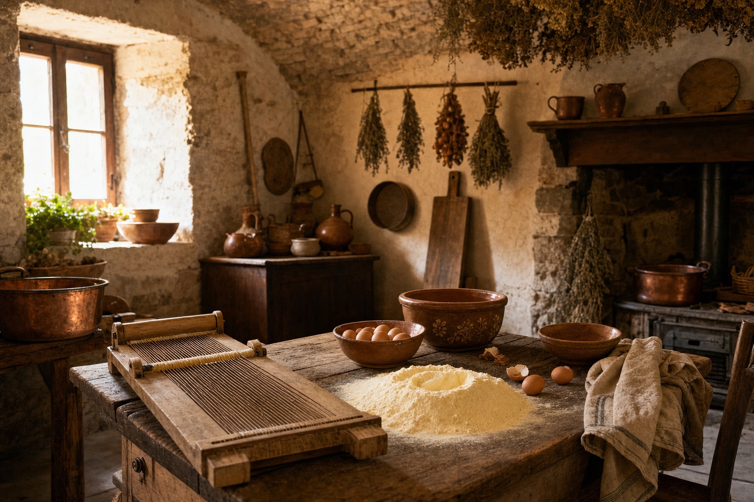 Tavolo rustico con ingredienti tipici abruzzesi: chitarra, uova fresche e farina