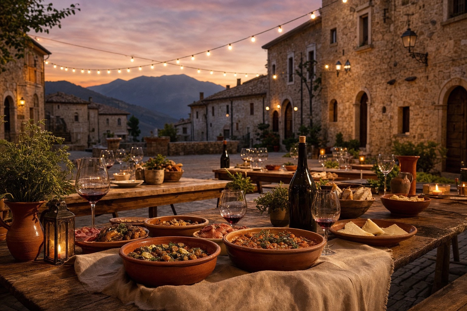Sagra di paese abruzzese all'imbrunire con bancarelle illuminate e folla festante