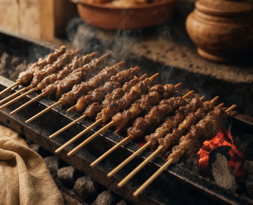 Arrosticini appena cotti su brace ardente