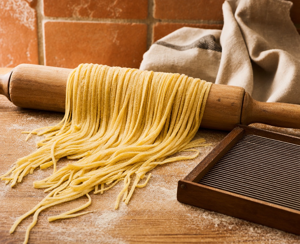 Chitarra pasta fresca su un tavolo di legno rustico